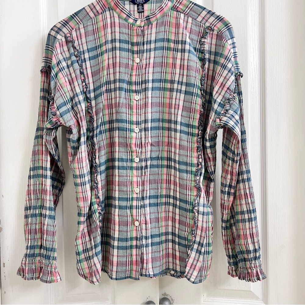Large Women’s CHAPS TINY RUFFLE BLOUSE | Blues | Pink | Green